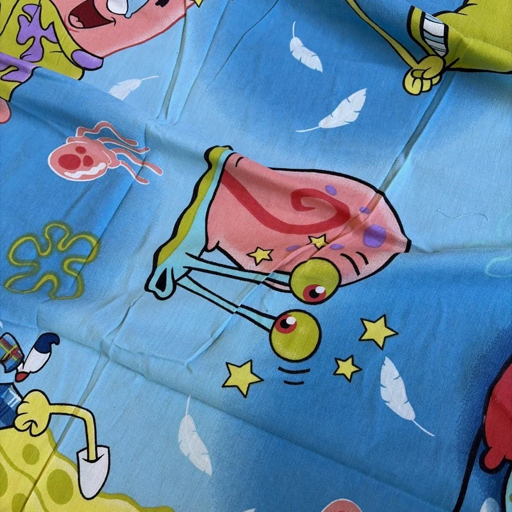 vtg Spongebob Square Pants Blue Flat Sheet Squidward Patrick Gary